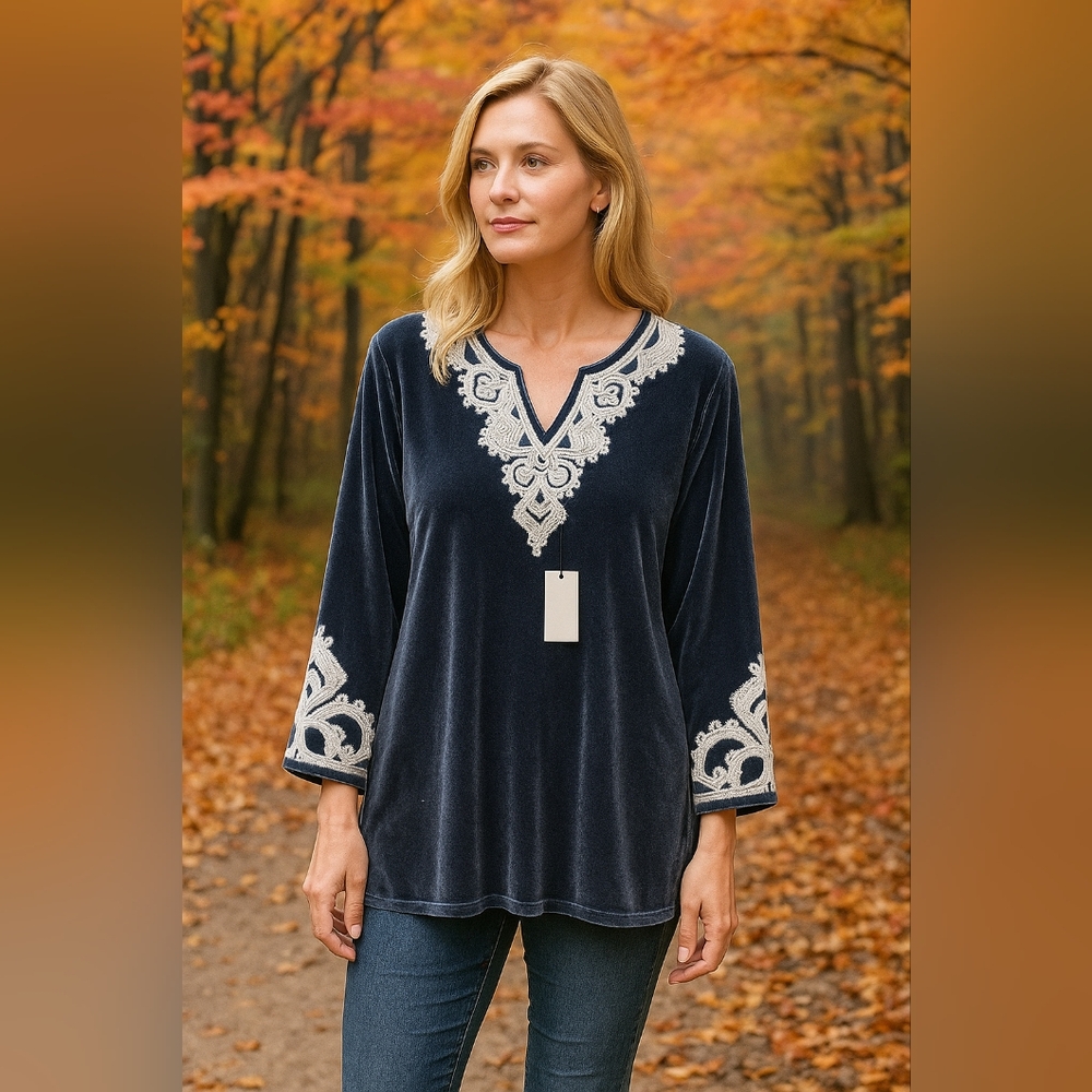 Velvet Sweater Shirt Top Embroidery Lace